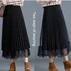 Women Vintage Long Lace Tulle Skirts Autumn Hollow Out Black Spring Pleated Skirt Plus Size Elastic Waist Midi skirts 210619