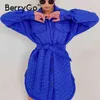 Berrygo Elegant Royal Blue ZA Parka Женщины Зимнее Пальто С Длинным Рукавом Отворотный Sash Стеганые Пальто Свободные Свободные Карманные Паркуда Женщины 211130