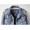 Kvinnors Jackor 2022 Vår Höst Beading Kort Denim Kvinnor Långärmad Vintage Casual Jean Jacket Bomber Basic Coat R509