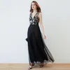 Women's Runway Dresses Sexy V Neck Sleevless Sequined Layered Patchwork Elegant Long Party Prom