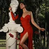 Elegant Red Women'S Dress Sexy One-Shoulder Slim High Split Evening Party Dresses Female Clothing Fashion 210527