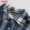 Femmes Bleu Plaid Épais Manteaux Veste Lâche Manches Longues Poche Printemps Manteau Outwear 3L60 210416