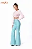 Yinoka Bandage Pantalon Femmes Solide Élastique Taille Haute Slim Luxe Perles Moulante Élégant Club Soirée Pantalon Évasé 211124