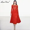 ファッションドレス春秋の女性のドレス長袖レースの赤いパーティーボールガウンドレス210524
