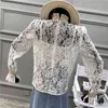 Hook Flower Hollow Embroidery Lace Blouse Women's Spring Sequin Stand Collor Sling Inside Flare Sleeve Shirt 210427