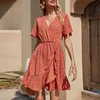 Blumendruck Boho Kleid Frauen Casual Rüschen Kurz Strand Sommerkleid Vintage V-Ausschnitt Mini Blumenkleid 210415