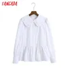 Vrouwen ruches witte shirts lange mouwen solide Peter pan kraag elegante vrouwelijke blouses 6Z56 210416