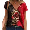 Summer Women V Neck Floral Rose Printed Short Sleeve Shirt Top Casual Loose Pullover Plus Size Tshirt Ladies Clothing Streewear