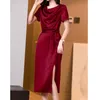 Lato Vintage Kobiety Satin Midi Krótki Rękaw Paszy Burgundii Party Dress 210415