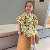 Flor de vestido infantil impressão de manga curta verão criança roupas bonito estilo pastoral menina 210515