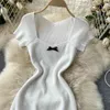 Fashion White knitted dress summer sweet bow knot vintage square neck slim short for womens mini tide 210420