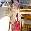 Summer Women Two Piece Set bowknot collar Flowers printing Shirt + Fashion Floral Print Long Draped Office OL Skirt Suit 210514