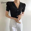 Yitimuceng Button Up T Shirts Woman Tees Puff Sleeve Unicolor White Blue Black Tops Summer Office Lady Knitted Tshirts 210601