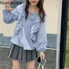 Nomikuma Ruffle Patchwork Blue Blouse Women O Neck Lace Up Long Sleeve Tops Arrival Korean Style Elegant Shirts Blusas Mujer 210514