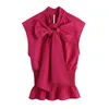 Mode La Taille Élastique Rouge Blouses Femmes Vintage Noeud Papillon Col Sans Manches Femme Chemises Chic Tops 210430