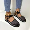 Sandaler tjocksolad 2021 Leopardtryck Mesh Single Shoes Women's Large Size Round Toe Front Lace Casual Hollow Roman Style