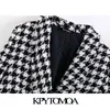Kpytomoa女性のファッションダブルブレストハウンドスティーブ・ツイードブレザーコートヴィンテージ長袖擦り切れの女性の上着シックなトップス211006