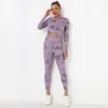 Yoga Outfit 2 Piece Seamless Set Women Crop Top T-Shirt Leggings Tracksuit Clothes Gym Wear Sport Fitness Tie-dye Workout