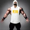 Muscle Guys Bodybuilding Stringer Tank Top with hooded Mens Gyms Clothing Fitness Sleeveless Hoodie Vest Cotton Singlets Tankops 210421