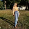 Ins Blogger Wash taille haute Split Jeans femmes jambe large étage pantalons longs bouton en métal décoration décontracté loisirs pantalon 210602