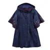 Johnature Women Vintage Hooded Embroidery Trench Denim Blue Button Coats Winter Thick Women Clothes Chinese Style Coats 210521