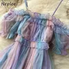 Neploe Rainbow Gradient Color Mesh Mid-Length Dress Women Slash Neck Holiday Fairy Vestido de Mujer Camisole Short Sleeve Robe Y0726