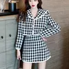 Mulheres de alta qualidade Mulheres 2 peças conjunto de tweed jaqueta curto casaco + elegante fashion cintura saia caça houndstooth dois 210514