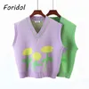 Floral Print Gebreide Mouwloze Trui Vest Lente Herfst V-hals vest Pullovers Green High Fashion Vintage Tops 210427