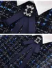 Ankomstlapelkontrast Färg Beaded Bow Tie A-Line Tweed Dress Women Navy Blue Woolen Short Plus Size S-XXL 210525242L