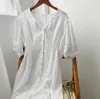 Vestido de lino de verano para mujer de algodón blanco con cuello en V ajustado para mujer vestidos de manga corta de un solo pecho 210421
