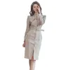 Autum coréen élégant bureau OL crayon robe femmes Slim simple boutonnage gaine robes travail d'affaires moulante Vestidos avec ceintures 210529