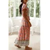 Floral Print Boho Summer Long Dress Casual Button V Neck Beach Maxi Dress Women Cotton Vintage White Holiday Dress 210415