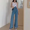 Women Denim Pants Flare Button Full Length Casual Asymmetrical Blue P0036 210514