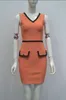 Sommar Kvinnor Sexig Bandage Klänning Orange Fashion V-Neck Ärmlös Stitching Bodycon Celebrity Party Mini Dress Vestidos 210625