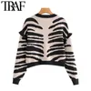 Moda donna Zebra stampa increspato ritagliata cardigan lavorato a maglia maglione vintage manica lunga femminile capispalla Chic Top 210507