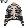 Frauen Mode Zebra-Print Rüschen Cropped Strickjacke Pullover Vintage Lange Hülse Weibliche Oberbekleidung Chic Tops 210507