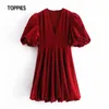 Toppies Mode Doux Rouge Velours Mini Robe Femme À Manches Courtes Robe Sexy Profonde Col En V Filles Robes Lanterne Manches Chic Tissu 210412