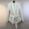 HIGH QUALITY est Designer Jacket Women's Elegant Double Breasted Lion Buttons Lacing Belt Blazer Outer Wear 210930