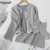 Yojoceli elegant plaid stickad kjol kostym höst vinter sexiga casual kvinnor kostymer med cool knapp tweed coats kvinnliga 210609