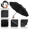Wind resistant 3Fold Automatic Umbrella Rain Women Leather Wood Handle Business British Style Men's Gift Large 210626