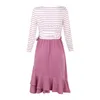 Wiosna Kobiety Sukienki Paski Druku Patchwork Z Długim Rękawem O Neck Nieregularna Dress Moda Sashes Lace Up Różowy A-Line Midi 210522