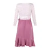 Abiti da donna primaverili Stampa a righe Patchwork Manica lunga O Collo Abito irregolare Moda Sashes Lace Up Pink A-line Midi 210522