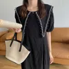Korejpaa Kadınlar Elbise Yaz Kore Moda Zarif Mizaç Sivri Yaka Inci Dantel Dikiş Gevşek Doku Elbiseler 210526