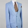 Costume Homme Abiti da uomo a righe azzurre 3 pezzi One Button Peak Risvolto Casual Groom Wedding Terno Masculino Slim fit Blazer X0909
