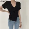 Moda Ürünü Kore Tasarım Duygu Şeması Küçük Seksi V Yastık Çapraz Tee V-Neck Örgü Top JXMYY 210412