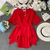 Casual damer våren sommar solid blus V nacke kort ärm oregelbundna ruffles chiffon chic kvinnor 210520