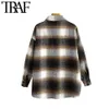 TRAF Women Vintage Stylish Plaid Oversized Woolen Jacket Coat Fashion Long Sleeve Pockets Loose Female Outerwear Chic Tops 210415