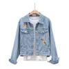 Dames Denim Blue Jacket Button Pocket Lange Mouwen Turn Collar Floral Embroidery C0160 210514
