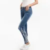 Denim Pencil Pants Stretch Embroidered Jeans For Women Flower Female Slim Pattern Pantalon Femme S-2XL 210629