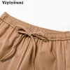Yiyiyouni Taille Haute Pantalon En Cuir Épissé Femmes Lâche Cordon PU Pantalon En Cuir Femmes Automne Solide Pantalon Droit Femme 211216